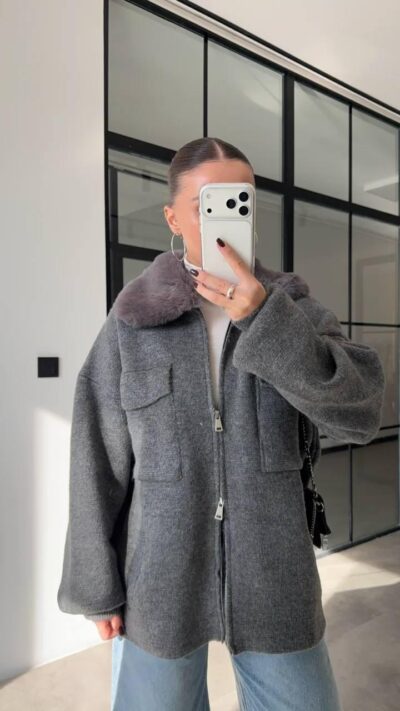 Grey knit jacket with fur collar