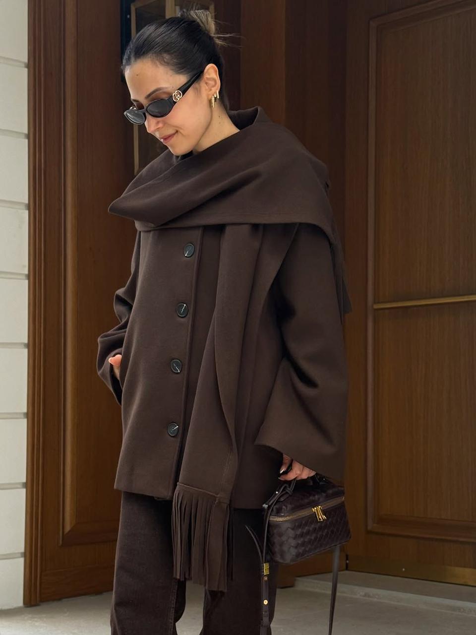 826b23fe-a54a-4174-99b3-ee951f0563ff Brown jacket with scarf - Image 1