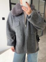 Grey knit jacket with fur collar - Image 3