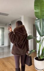 Brown faux fur jacket with hood - Image 2