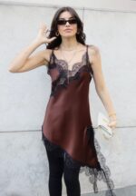 Brown satin top with black lace