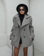 Greige wool coat with high-neck double-breasted design - Image 3