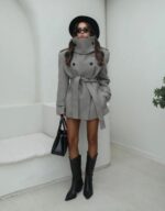 Greige wool coat with high-neck double-breasted design