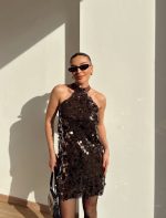 Brown sequin halter mini dress