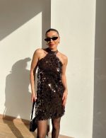 Brown sequin halter mini dress - Image 2