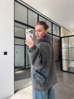 Grey knit jacket with fur collar - Image 2