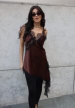 Brown satin top with black lace - Image 2