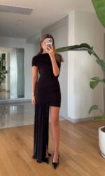 Black asymmetrical draped dress - Image 2