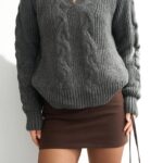 Grey sweater with brown denim collar