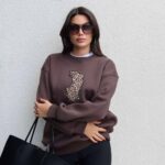 Oversized brown sweatshirt with leopard cat print