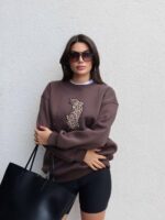 Oversized brown sweatshirt with leopard cat print