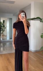 Black asymmetrical draped dress