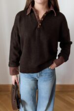Brown knit sweater with brown denim collar - Image 2