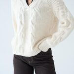 Off white sweater with brown denim collar