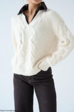 Off white sweater with brown denim collar