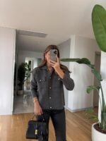 Gray  knit cardigan with gold buttons