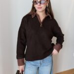 Brown knit sweater with brown denim collar