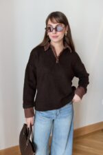 Brown knit sweater with brown denim collar