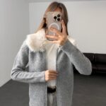 Grey Knit Cardigan with fur Collar