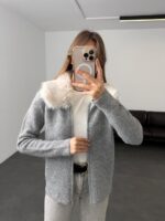 Grey Knit Cardigan with fur Collar