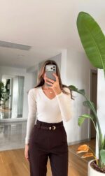 White V-Neck Long Sleeve Top