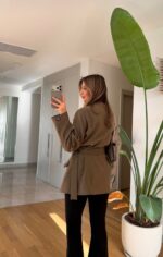 Taupe brown belted tailored blazer - Image 2