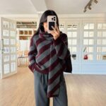 Burgundy and Gray Striped Knit Sweater