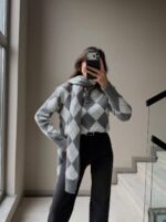 Gray Argyle Knit Sweater and Scarf Set