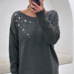 Gray Embellished Pullover Sweater
