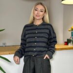 Gray Striped Cardigan with Gold Buttons