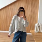 Light Grey Knit Cardigan With Flower Appliqué