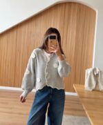 Light Grey Knit Cardigan With Flower Appliqué