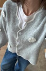 Light Grey Knit Cardigan With Flower Appliqué - Image 2