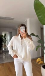 White Button Neck Knit Sweater - Image 2