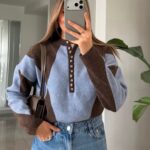 Colorblock Blue and Brown Knit Sweater
