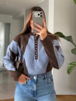 Colorblock Blue and Brown Knit Sweater