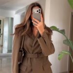 Taupe brown belted tailored blazer