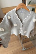 Light Grey Knit Cardigan With Flower Appliqué - Image 4