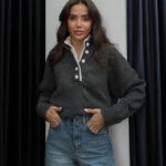 Grey button neck knit sweater