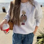 Grey embroidered character crewneck sweater
