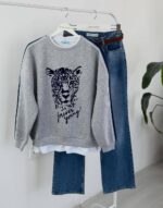 Gray Leopard Graphic Crewneck Sweatshirt - Image 2