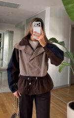 Colorblock Drawstring Waist Windbreaker Jacket