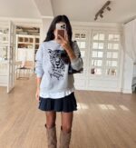 Gray Leopard Graphic Crewneck Sweatshirt