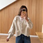 Beige Knit Cardigan With Flower Appliques