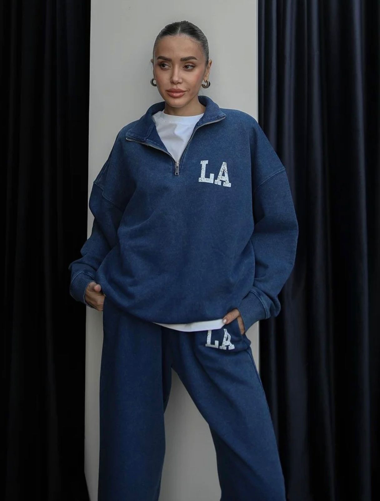9ae6641f-dae3-4300-8f23-41d05b3d1401 Women's Blue LA Quarter Zip Sweatpants Set - Image 1