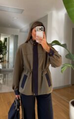 Olive and Navy Drawstring Sweater Jacket