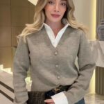 Women's Greige Button-Up Knit Cardigan