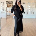 Long satin skirt with black lace