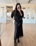 Long satin skirt with black lace