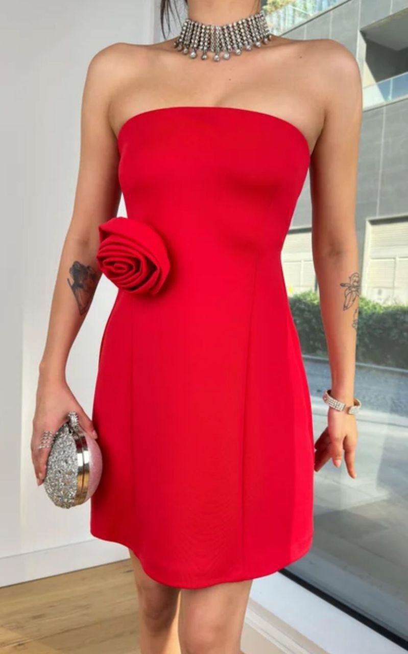 ba422732-0f26-4d0e-9e08-5170e0b589f2 Strapless Red Mini Dress With Rose Detail - Image 1
